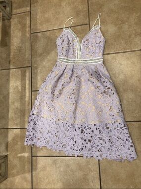 Bloomingdale’s Aqua Lilac Lavender Purple Midi Tea Lace Floral Dress